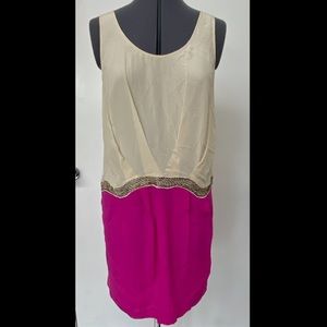 RETRO ARYN K ANTHROPOLOGIE SILK BLOUSON DRESS CREAM PURPLE BEADED M 1920s STYLE